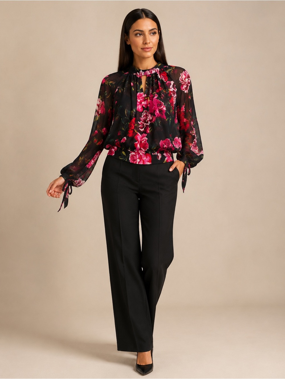 7th Avenue Romantic Floral Sheer Mock Neck Blouse | Red Roses | Banded Waist